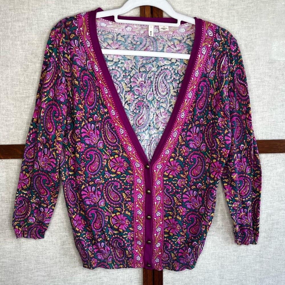 Anthropologie Moth Pink and Purple Paisley Cotton 3/4 Sleeve Cardigan - Large